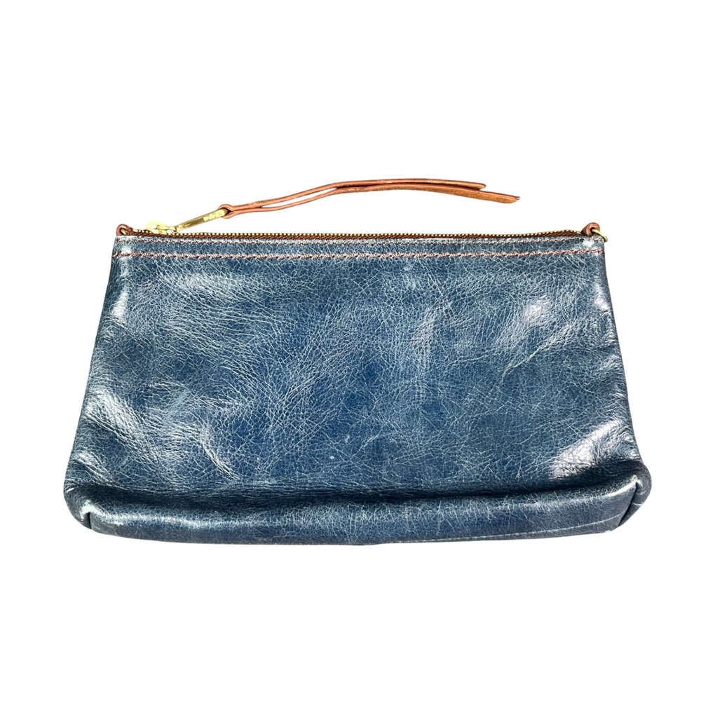Hobo The Original Blue Distressed Leather Zip Clutch Pouch Floral Lining